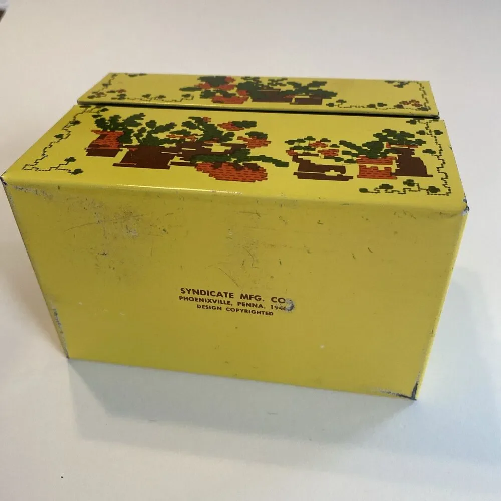 Vintage CROSS STITCH Themed Metal Recipe Box Floral Cactus Syndicate MFG Empty